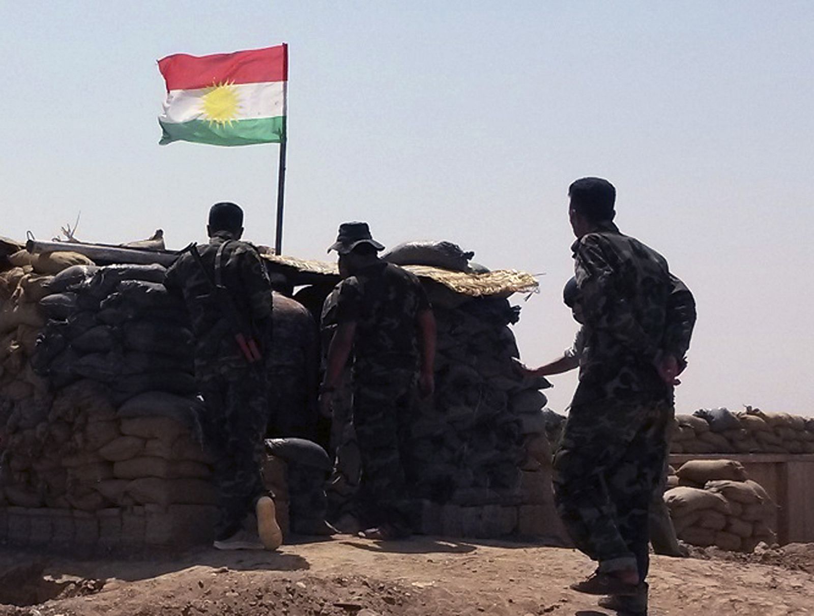 Miembros del peshmerga kurdo montan guardia en Sulaiman Perk, en Irak