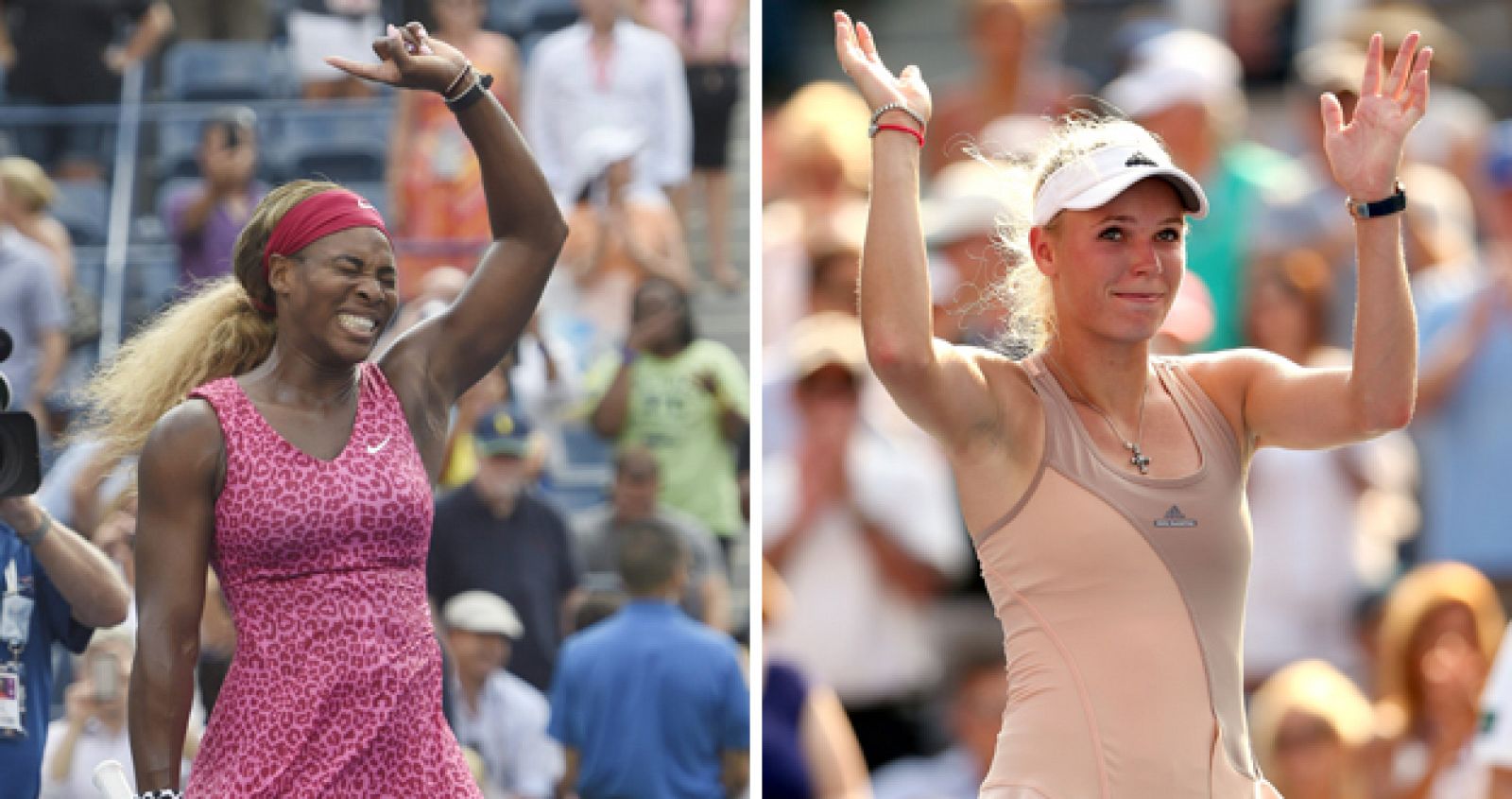 Las finalistas del US Open 2014, Serena Williams (izda) y Caroline Wozniacki (dcha) celebran su pase a la gran final de Flushing Meadows