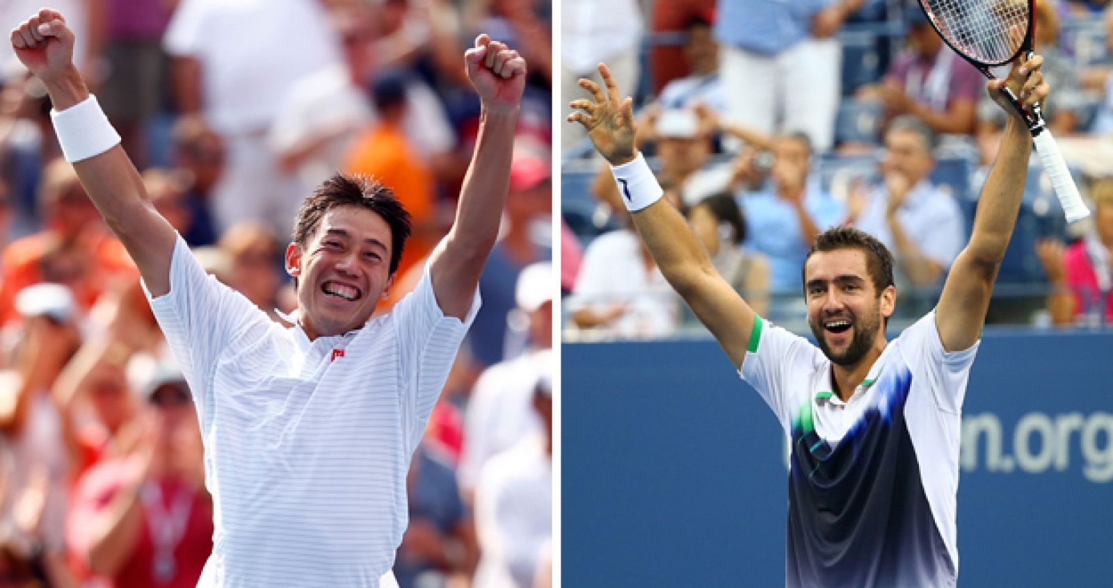 Kei Nishikori (izquierda) y Marin Cilic (derecha) celebran sus respectivas victorias con las que han conseguido el pase a la final del Abierto de Estados Unidos