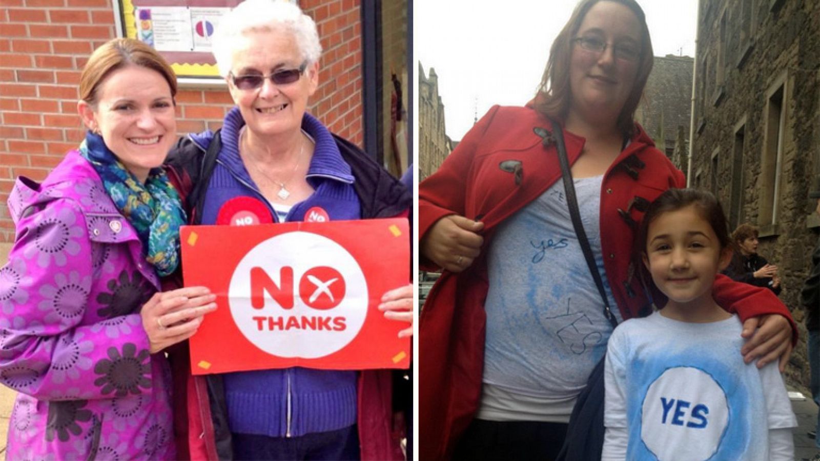 Fotos de partidarios del 'No' y del 'Sí' a la independencia de Escocia difundidas en las cuentas @UK_Together y @YesScotland respectivamente.