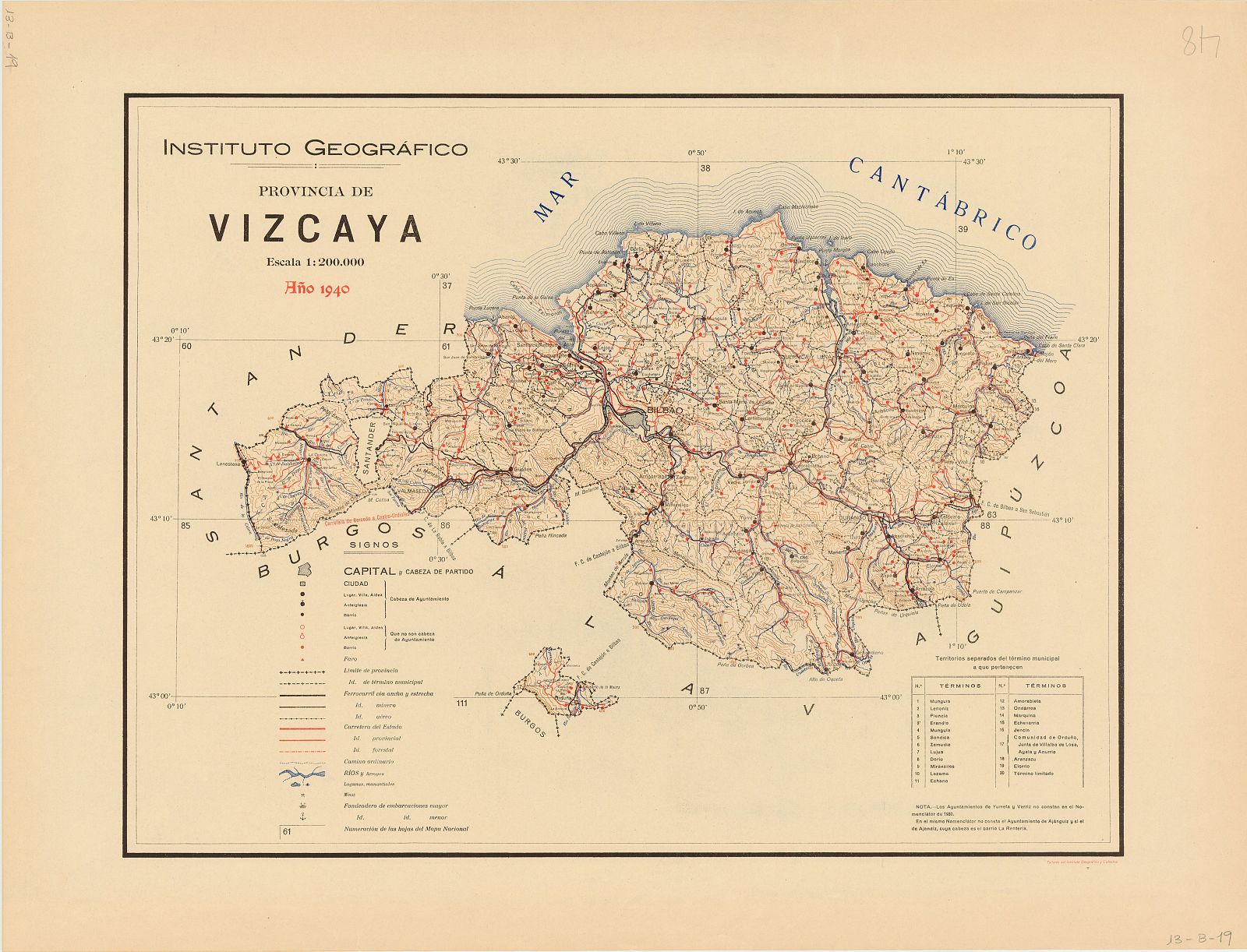 Mapa de Bilbao, en la provincia de Vizcaya, de 1940.