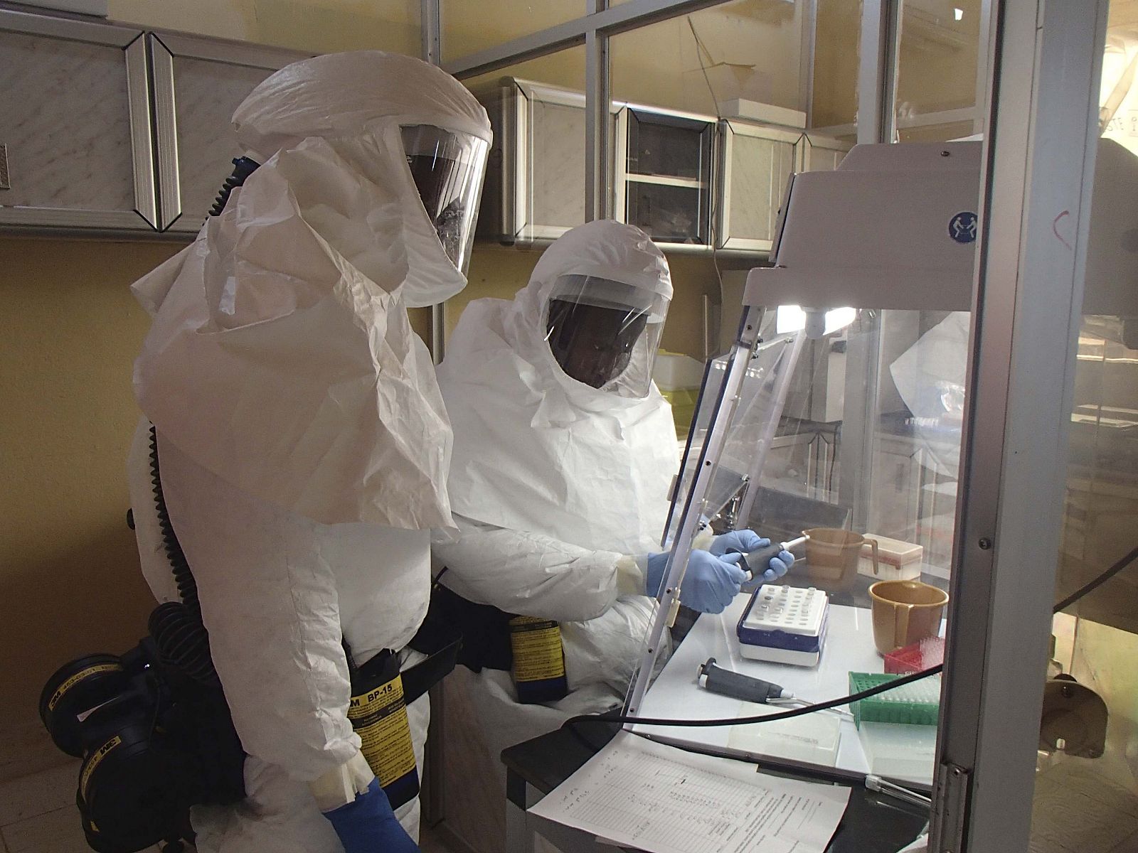 Técnicos de un Instituto de Enfermedades Infecciosas del Ejército de EE.UU.trabajan en la detección del virus del Ébola