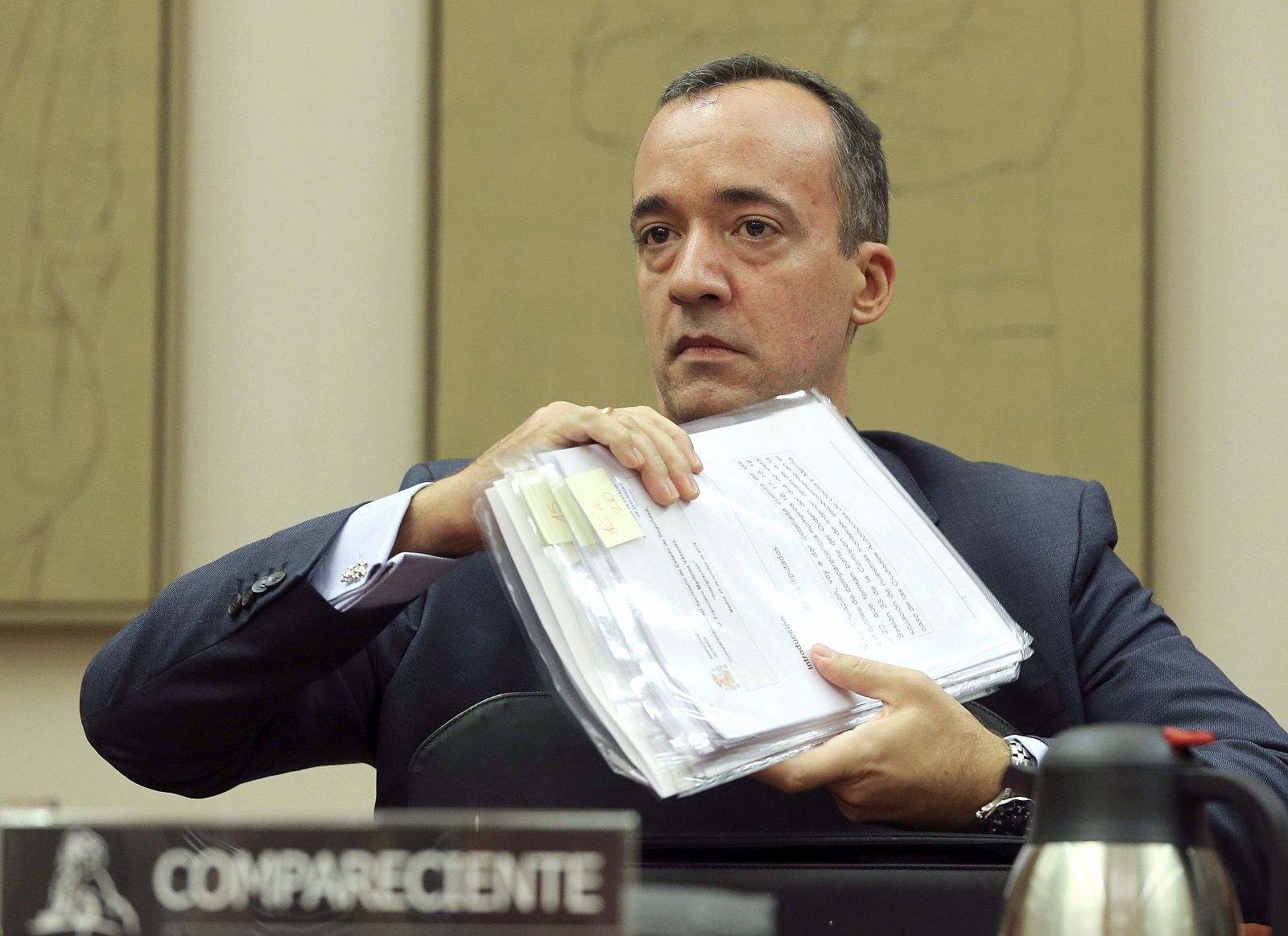 El secretario de Estado de Seguridad, Francisco Martínez, antes de comparecer en la comisión de Interior del Congreso.