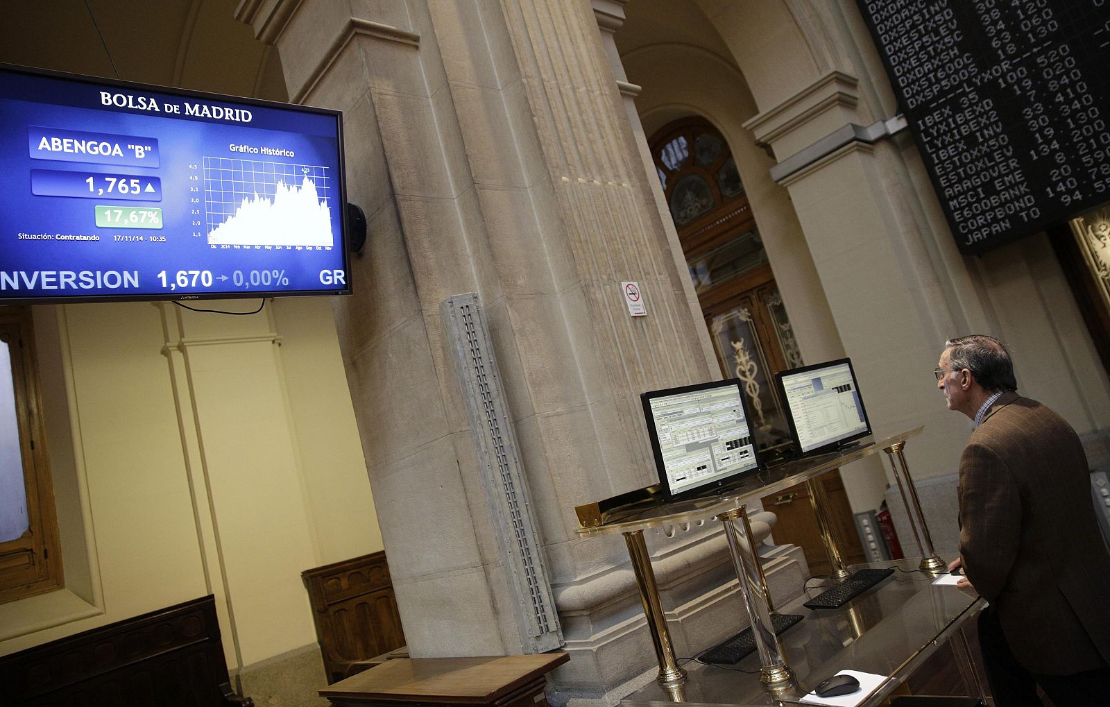 Un monitor en la Bolsa de Madrid muestra la cotización de Abengoa