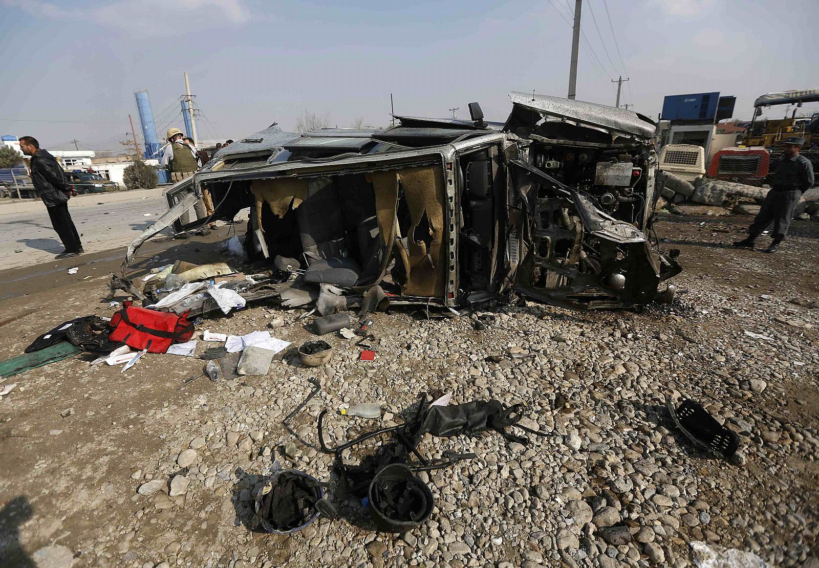 The wreckage of a British embassy vehicle after a suicide attack in Kabul