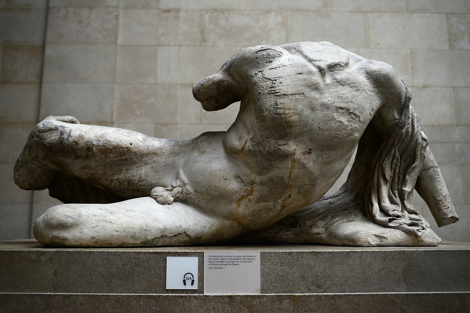 The Ilissos statue is seen displayed at the British Museum in London