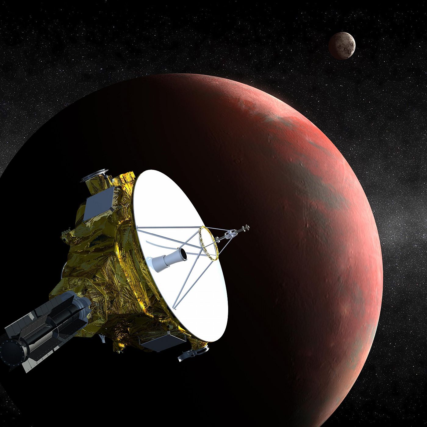 Recreación de la sonda New Horizons en el momento de su salida de hibernación.
