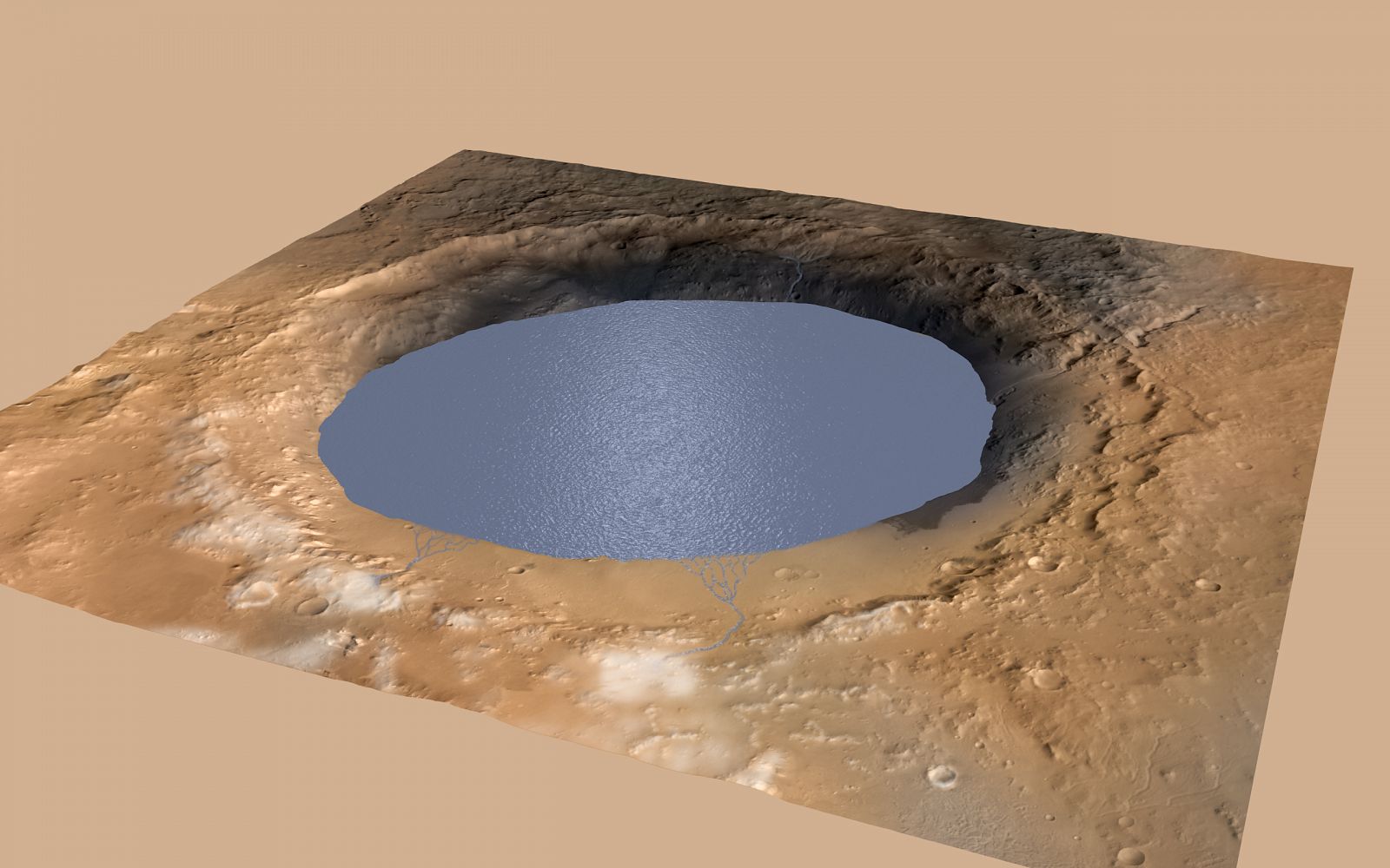 Ilustración de un lago que llena parcialmente el cráter Gale de Marte.