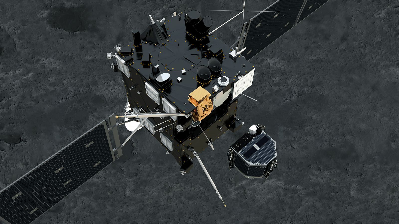 En primer plano la sonda Rosetta en el momento de separarse de Philae.