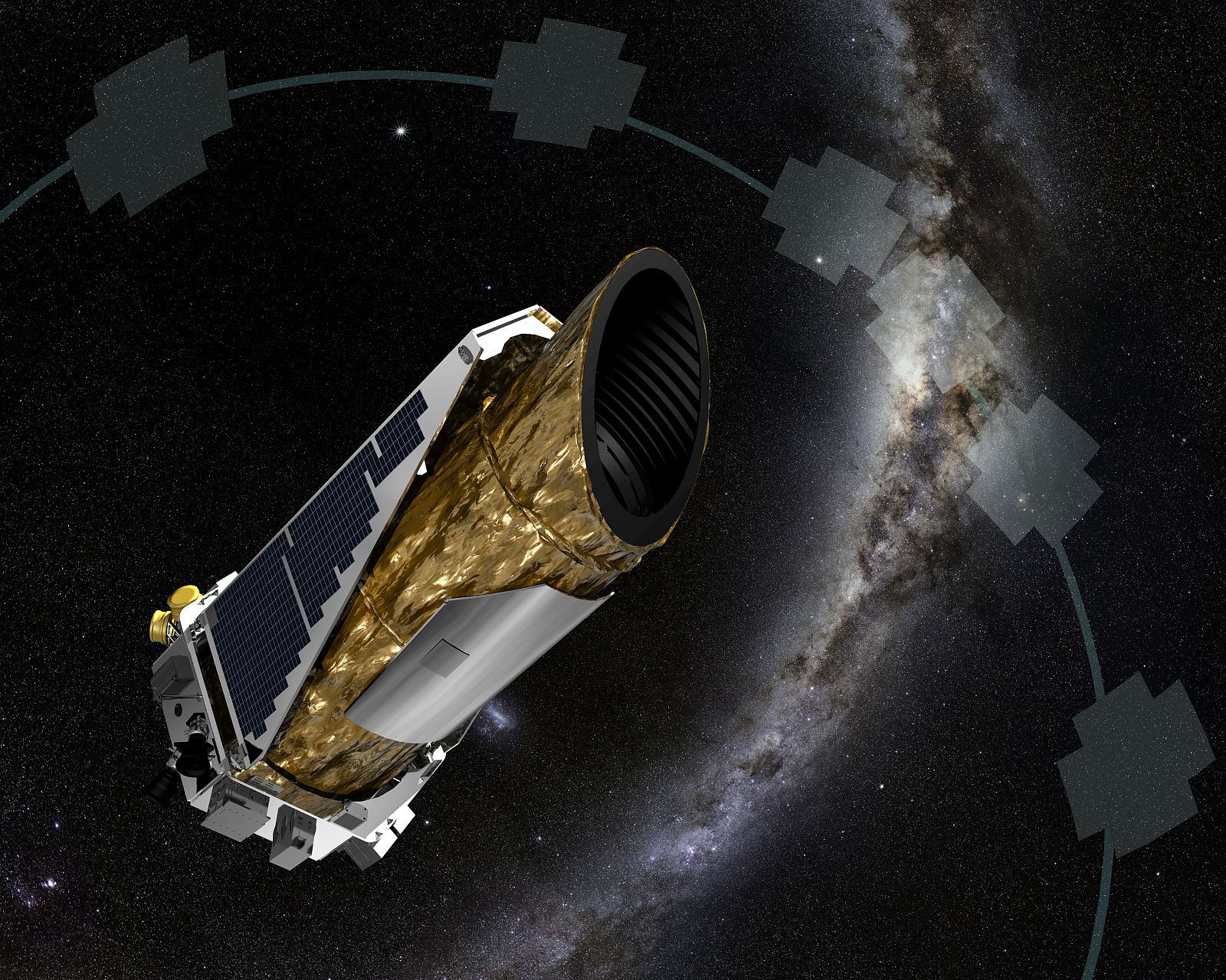 Impresión artística del telescopio espacial Kepler y de las zonas del espacio que va observando en la misión K2