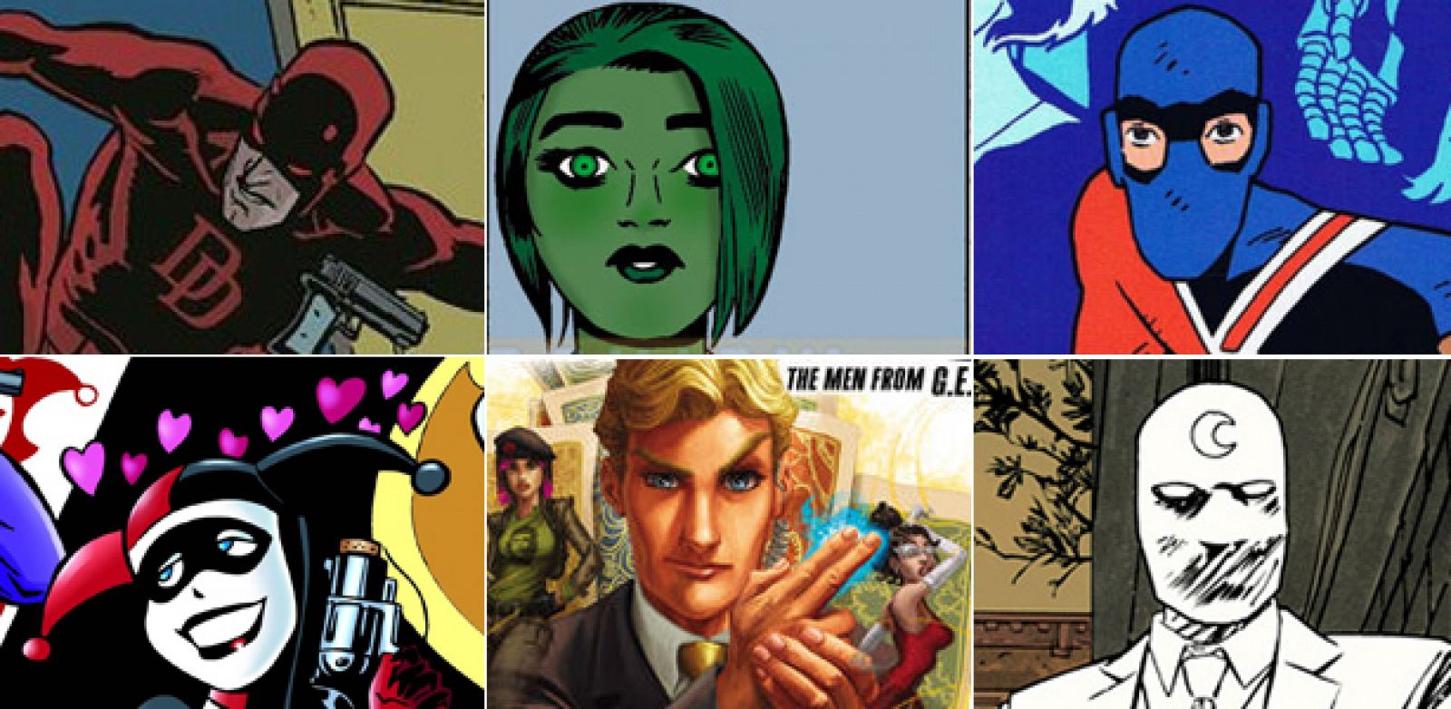 Imágenes de 'Daredevil', 'Hulka', 'Jack Staff', 'Harley Quinn', 'Brain Boy' y 'El caballero Luna'