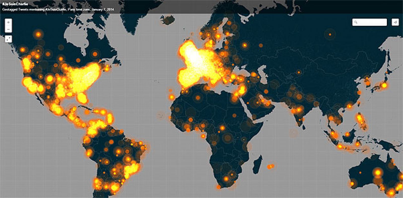 Mapa sobre el impacto del hashtag #JeSuisCharlie en Twitter