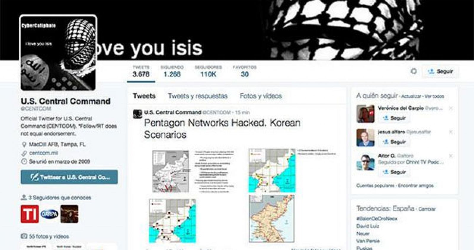 Así quedó la cuenta de Twitter del Centcom del Pentágono tras el supuesto ataque yihadista.