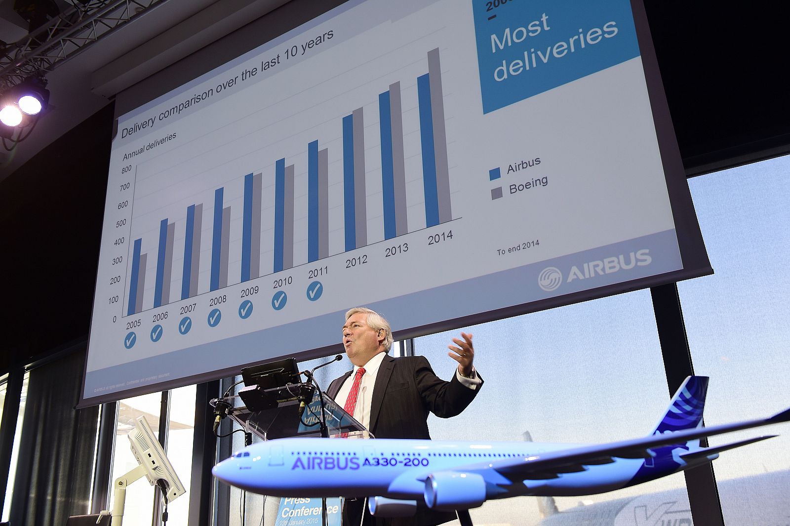 El director ejecutivo de Airbus, John Leahy, durante la presentación de resultados de 2014