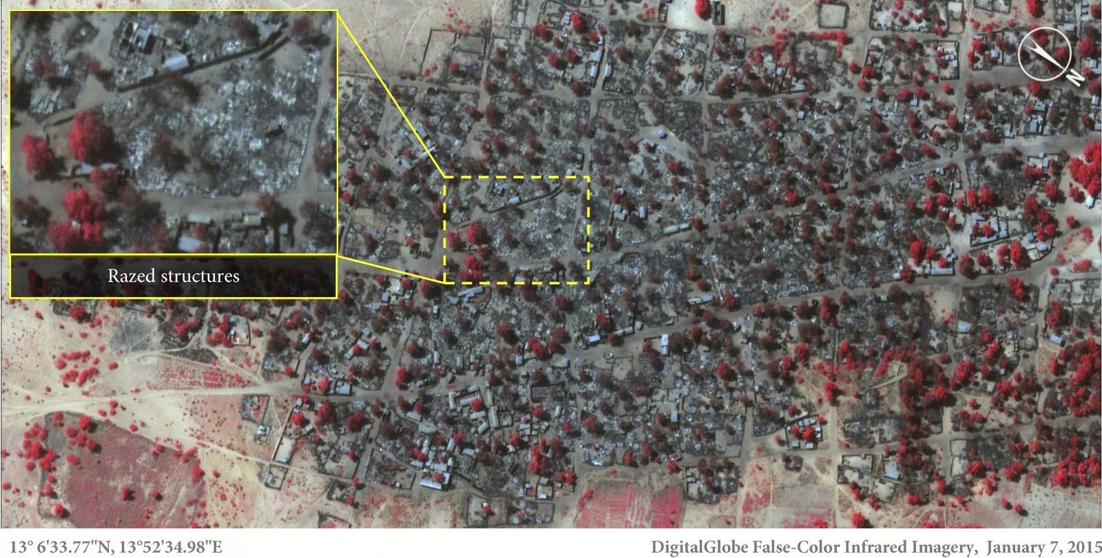 Fotografía de satélite de DigitalGlobe tomada el 7 de enero de 2015 y facilitada por Amnistía Internacional hoy, jueves 15 de enero de 2015, que muestra la destrucción de la localidad de Baga en Nigeria tras el ataque de Boko Haram