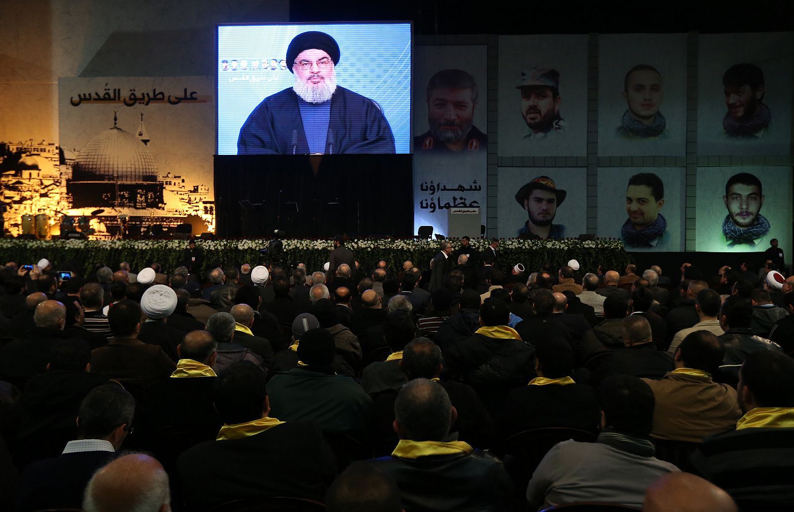 El líder de Hizbulá, Hasán Nasralá, se dirige a sus seguidores por un mensaje televisado