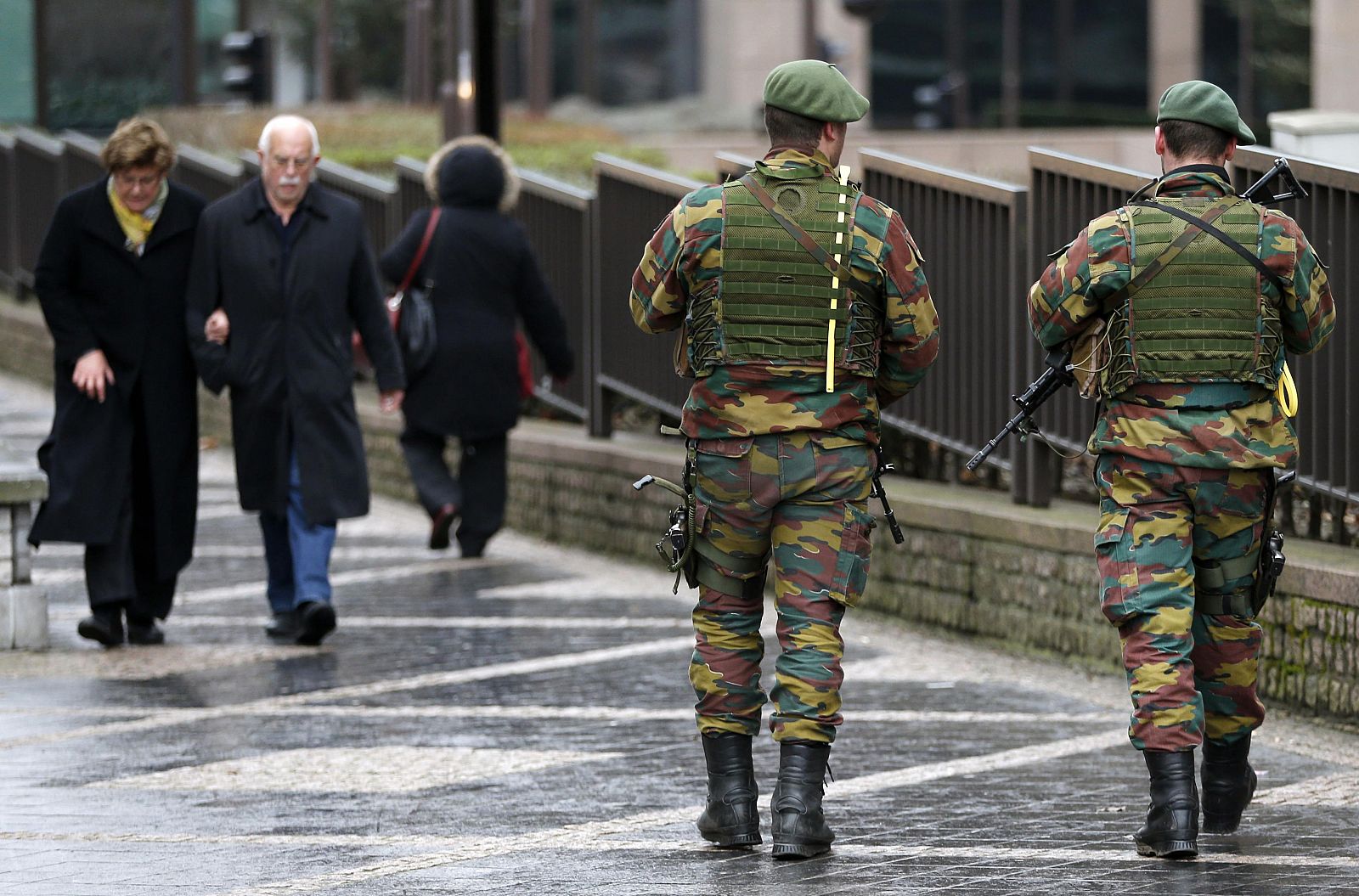 Belgian soldiers patrol outside the European Council building in Brussels