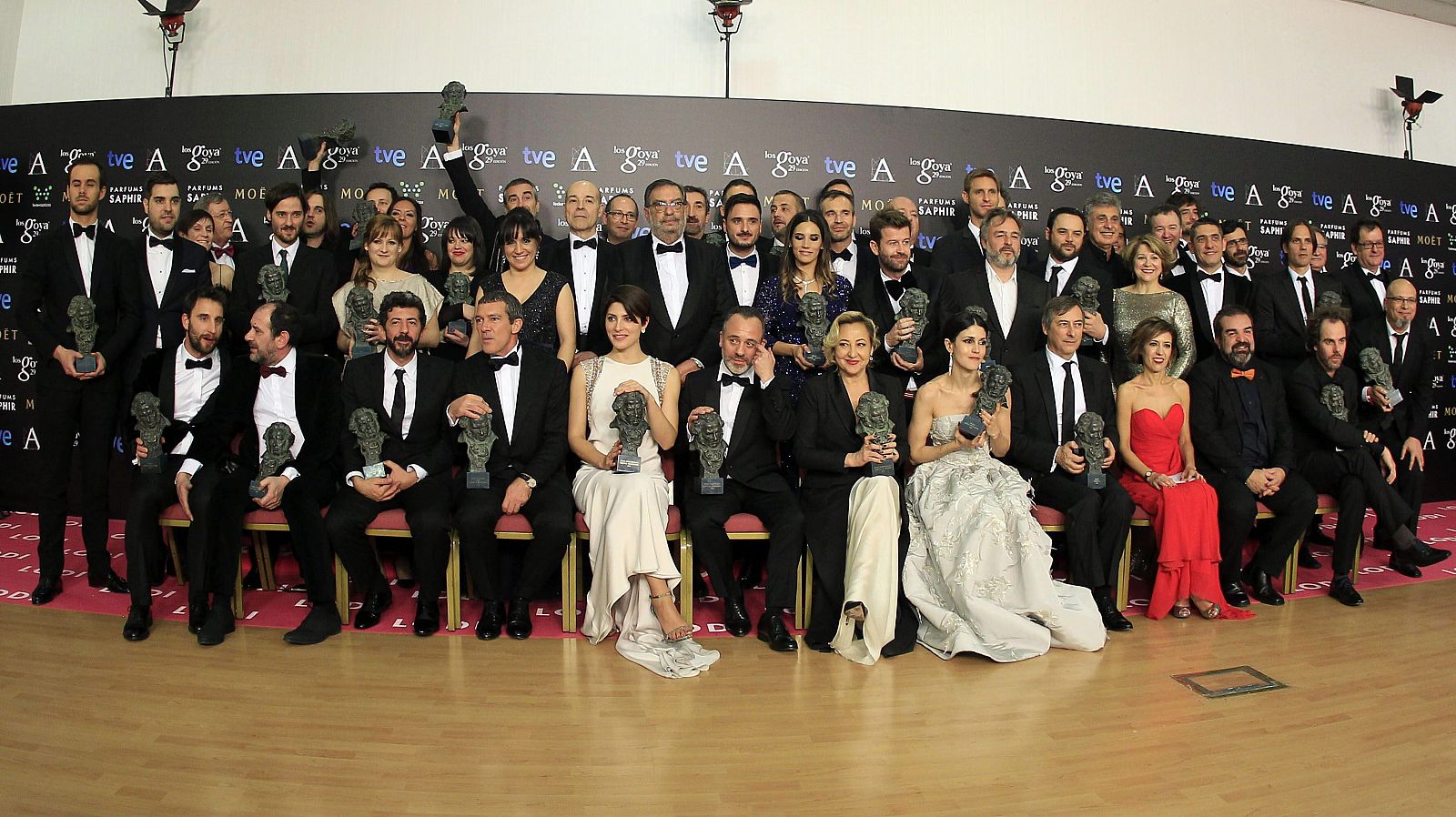 Foto de familia de los galardonados en la gala de entrega de los premios Goya 2015.