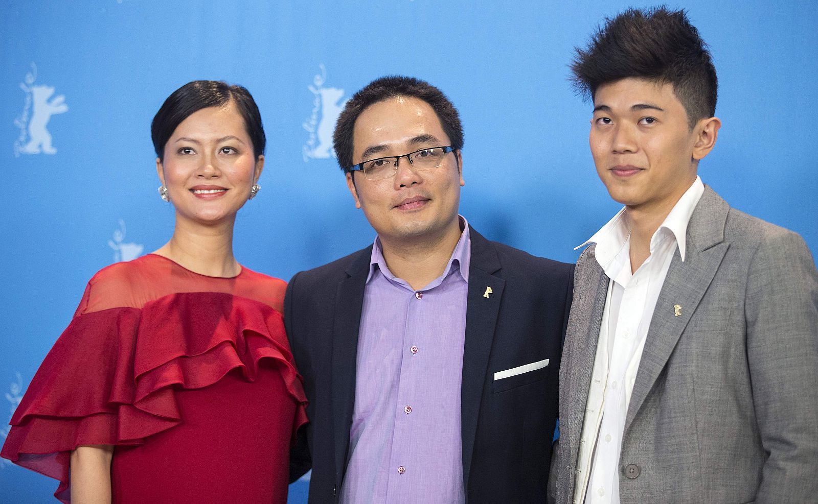 Actress  Yen, director Di and actor Hoang attend the 'Cha va con va' ('Big Father, Small Father and Other Stories') photocall at competition section at the 65th Berlinale International Film Festival in Berlin