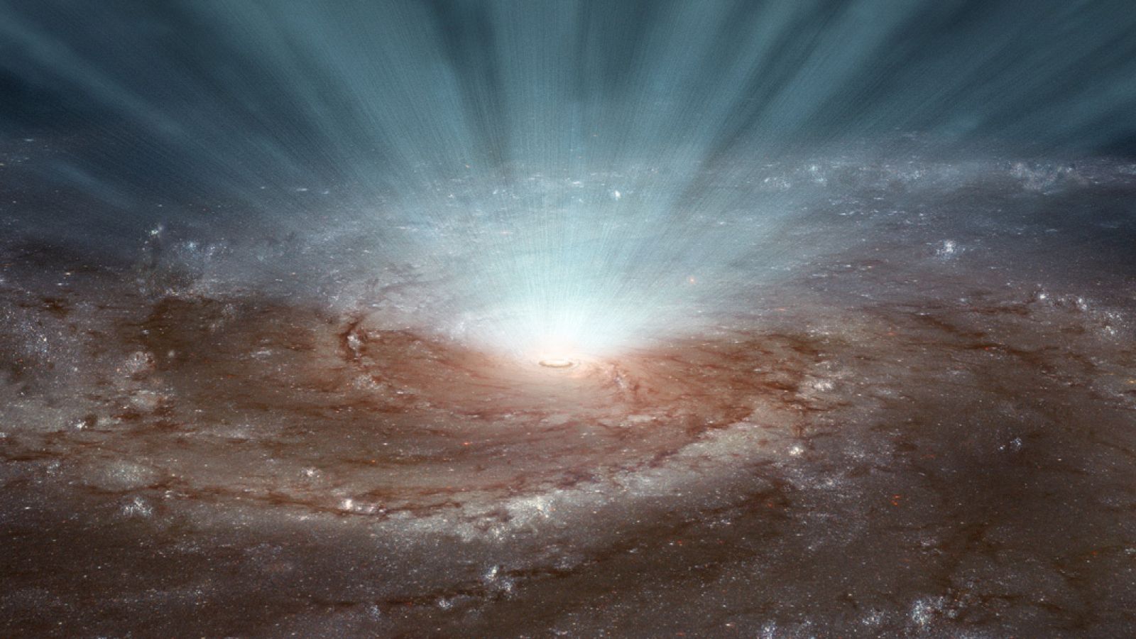 Ilustración de cómo los agujeros negros supermasivos en los núcleos de las galaxias expulsan radiación y vientos ultra rápidos hacia el exterior.