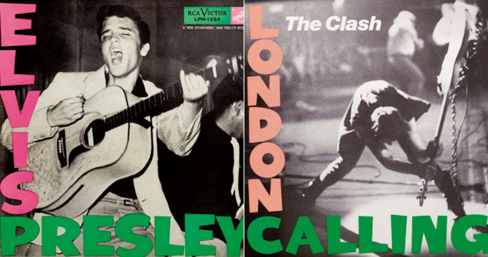 Portadas de 'Elvis Presley' (1956), con fotografía de William V. 'Red' Robertson, y de 'London Calling' (1979), diseñada por Ray Lowry para el tercer disco de los Clash.