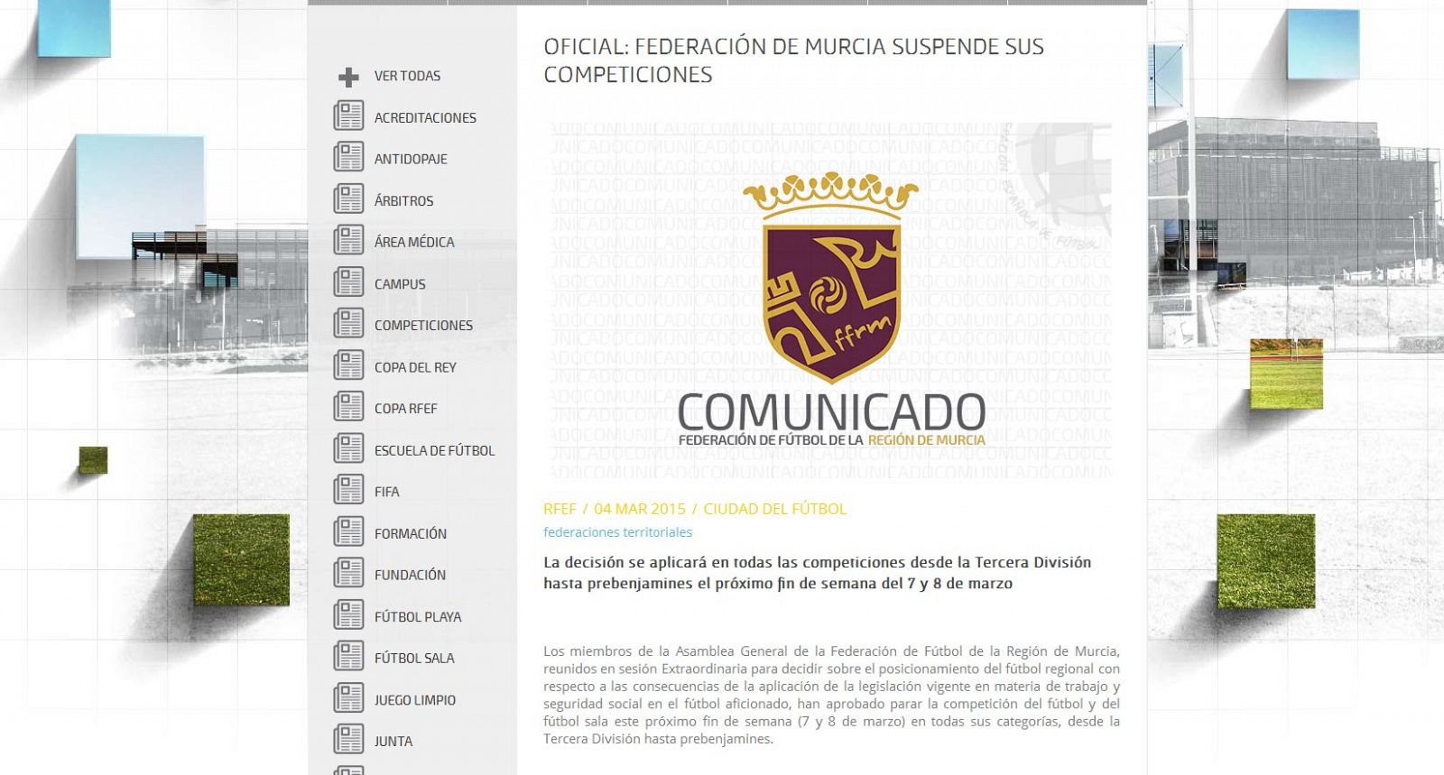 Comunicado de la Federación Murciana de Fútbol en la web de la RFEF
