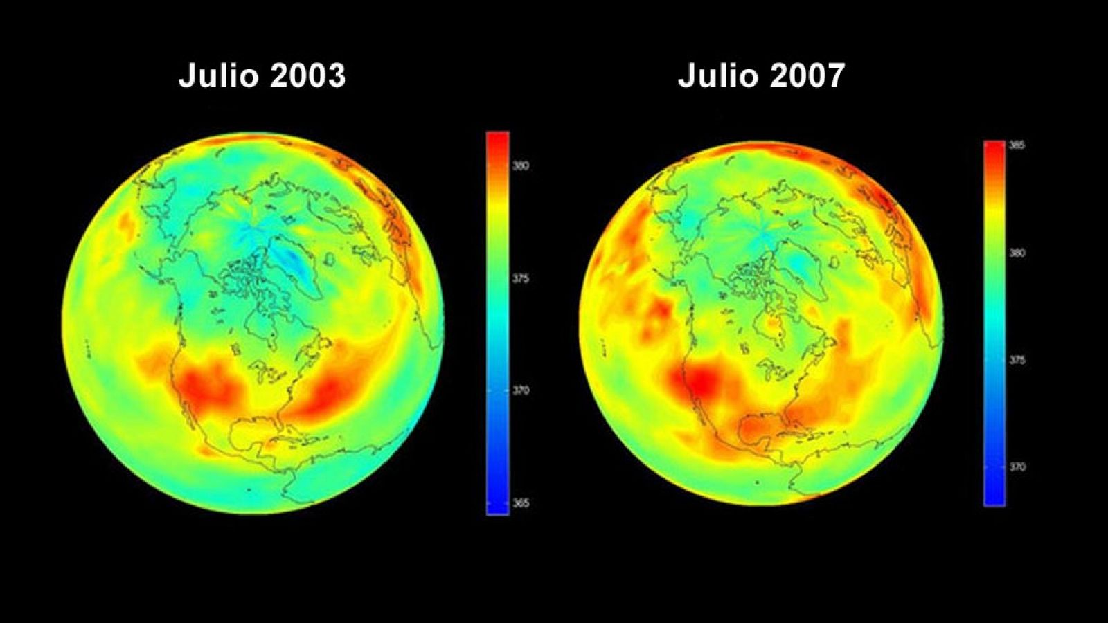 Distribución del dióxido de carbono en la tierra. Imágenes del AIRS, instrumento a bordo de la nave espacial de la NASA, Aqua.