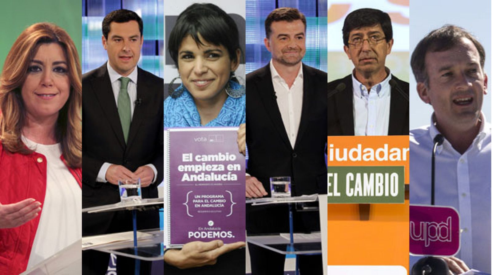 Los candidato a la Junta de Andalucía: Susa Díaz (PSOE), Juan Manuel Moreno (PSOE), Teresa Rodríguez (Podemos), Antonio Maíllo (IU), Juan Marín (Ciudadanos) y Martín de la Herrán (UPyD).