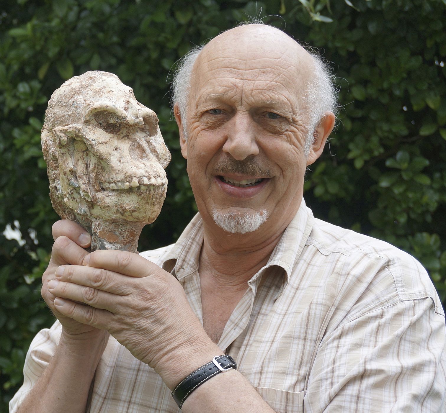 Undated handout photo of Clarke, professor in the Evolutionary Studies Institute at Wits University in South Africa seen with the Little Foot skull