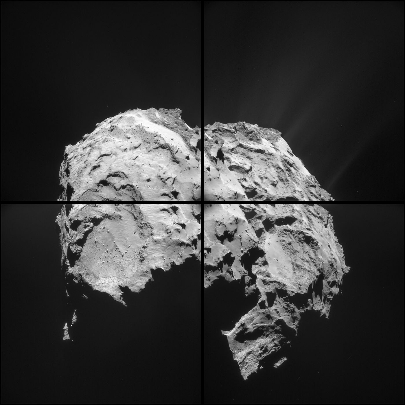 Montaje de cuatro imágenes tomadas por la NAVCAM de Rosetta a una distancia de 31,3 kilómetros del núcleo del cometa.