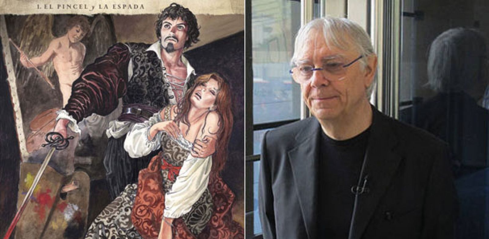 Milo Manara y un fragmento de la portada de 'Caravaggio 1: El pincel y la espada' 