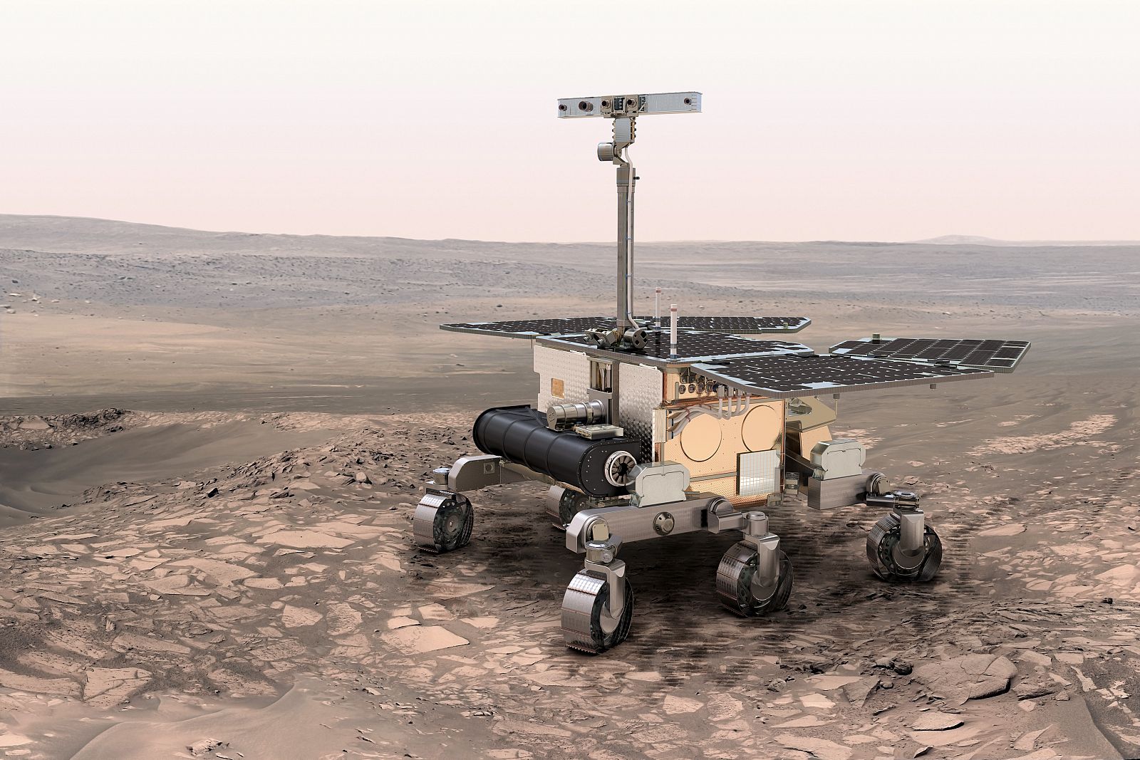 Ilustración que recrea al robot Exomars sobre la superficie de Marte.