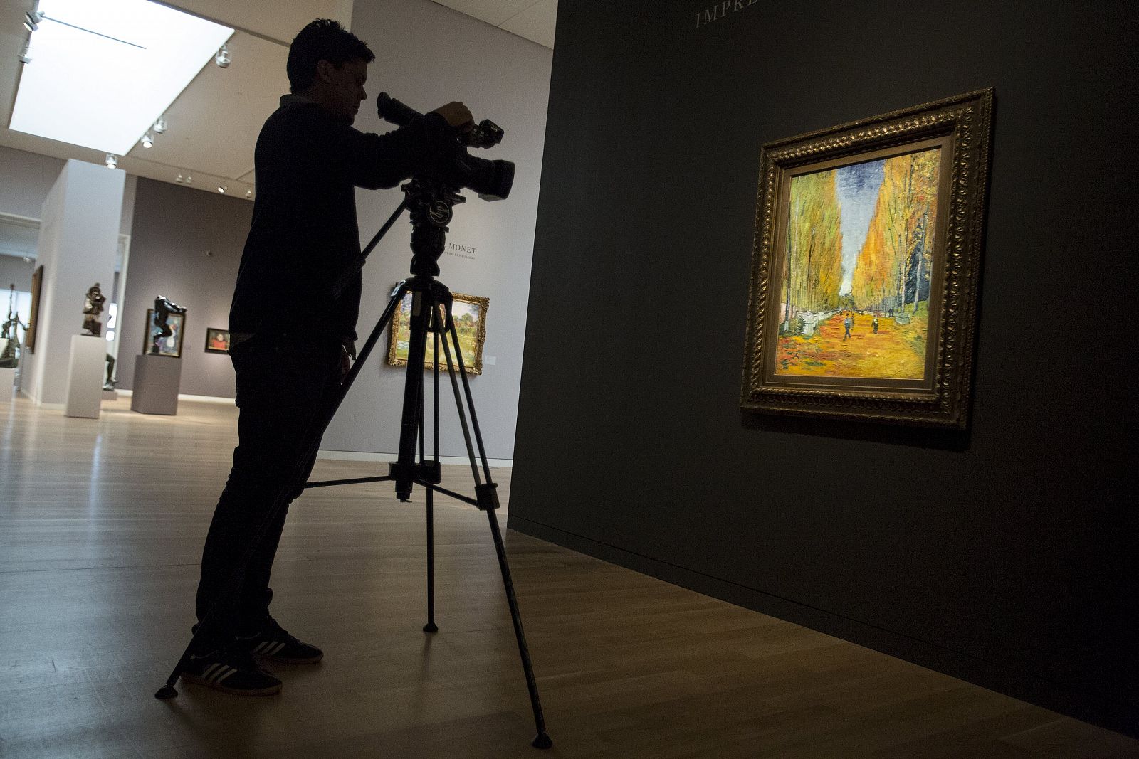 A person films Van Gogh's "L'AllÃ©e des Alyscamps", ahead of a preview event to Sotheby's upcoming evening's of impressionist, modern and contemporary art in the Manhattan borough of New York City