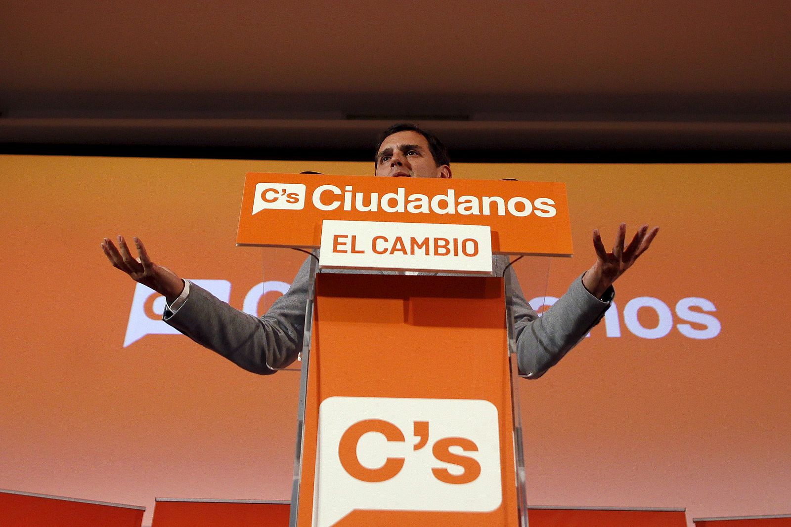 Ciudadanos' party leader Rivera gestures as he delivers a speech during an electoral campaign rally in Malaga