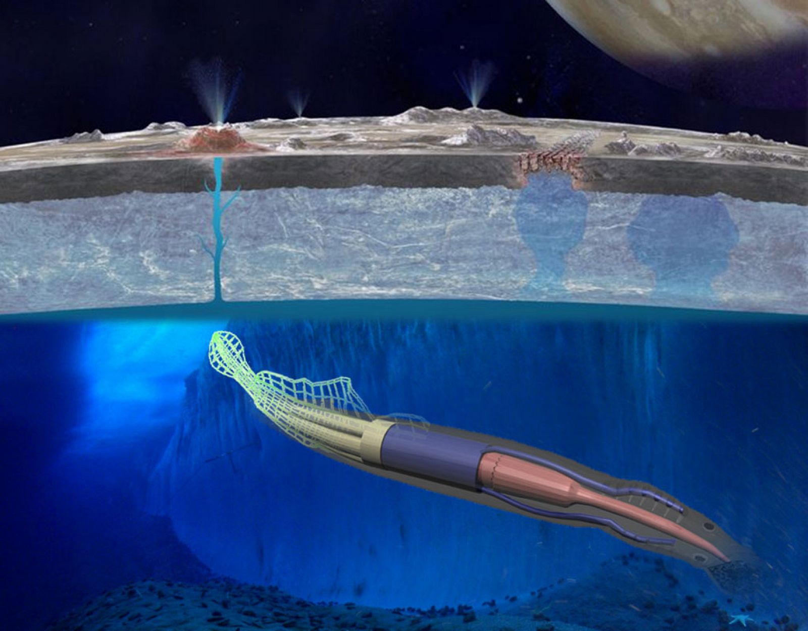 La NASA presenta un robot que buscará vida en los océanos de una luna de Júpiter