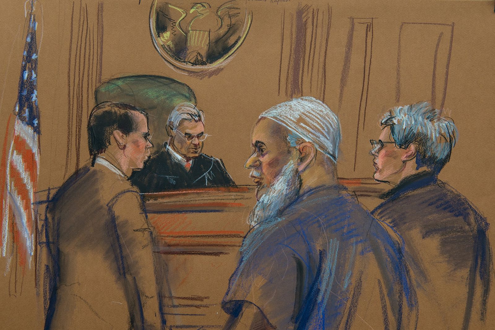 Dibujo del el terrorista saudí Jalid Al Fawaz durante su comparecencia en el juicio