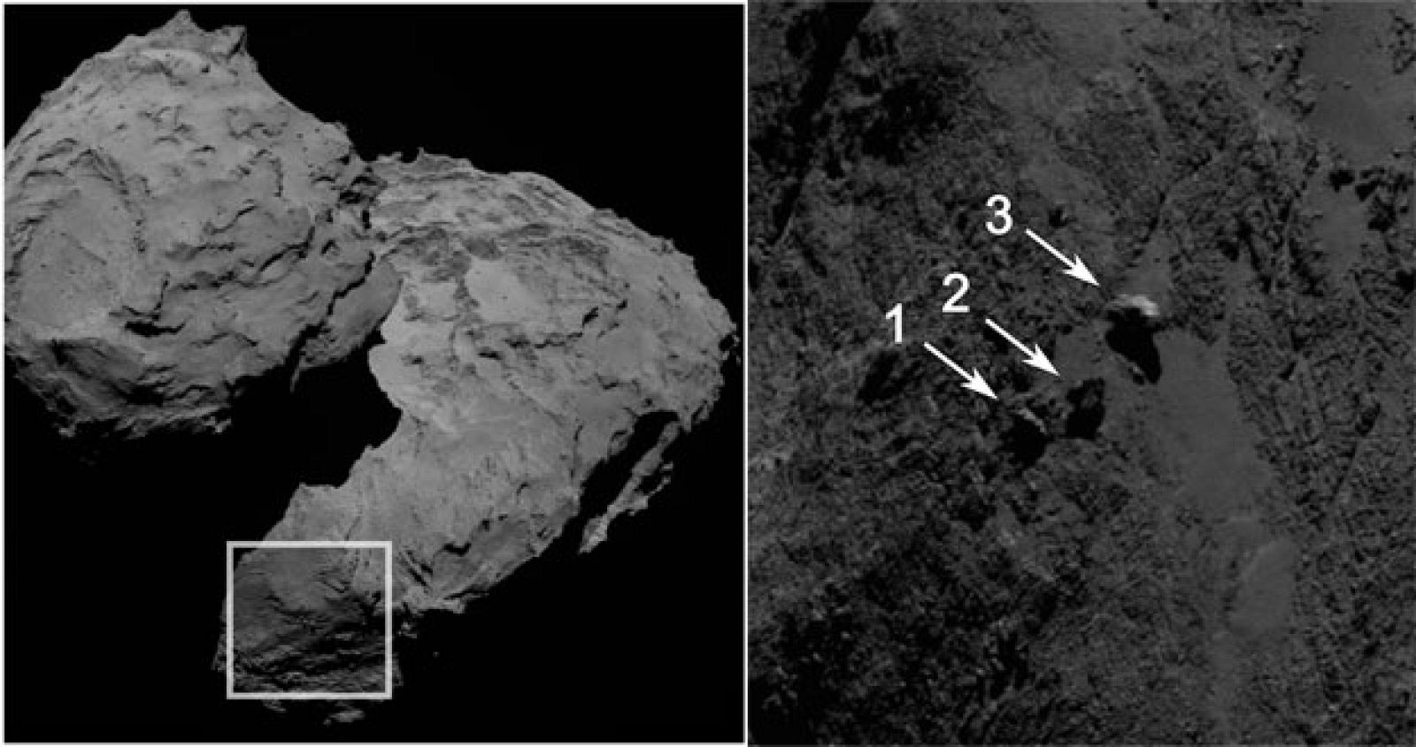 Vista de la zona del cometa donde se han hallado las tres piedras oscilantes y detalles de estas, con su localización.