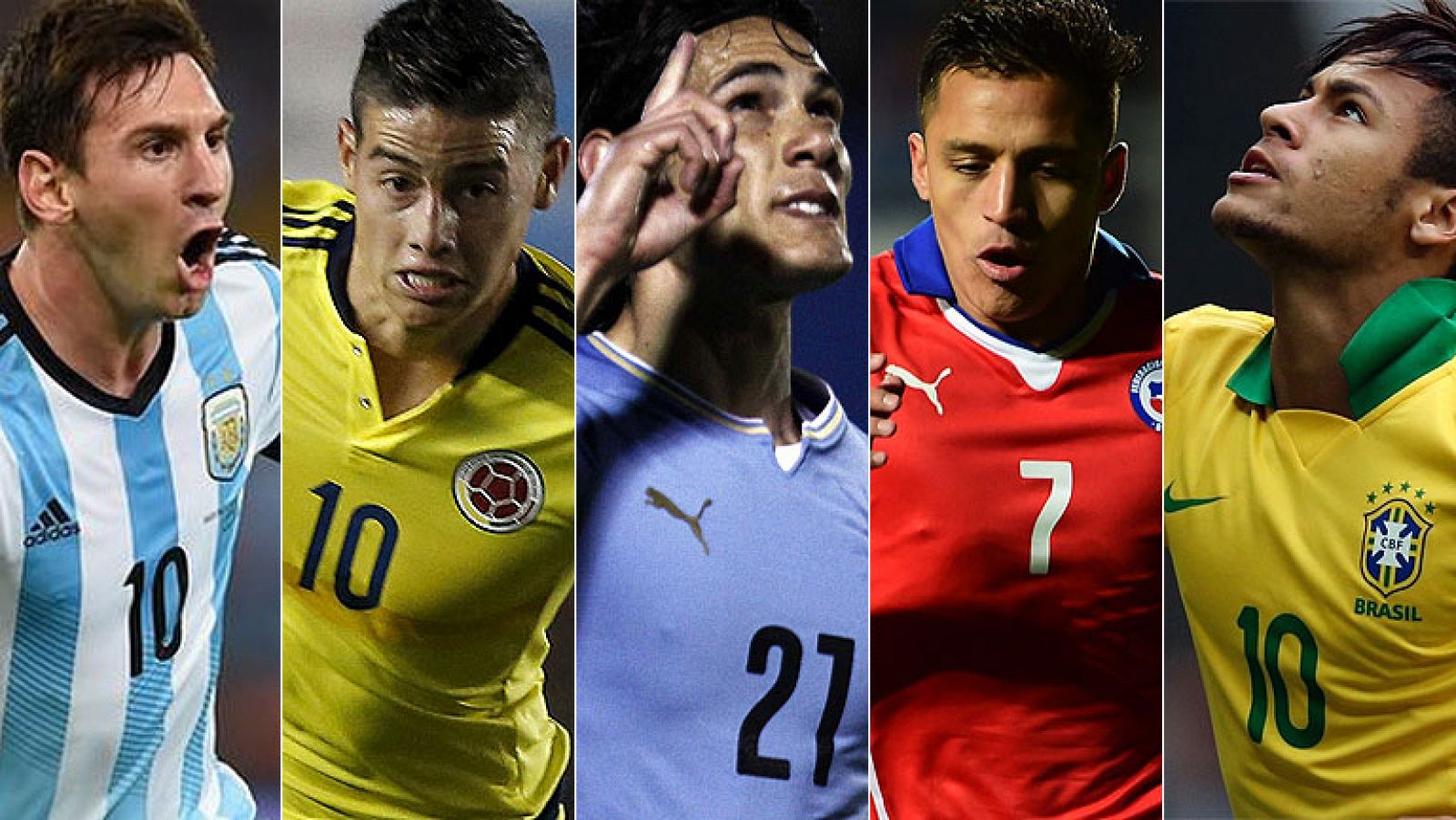 Messi, James, Cavani, Alexis y Neymar, las cinco grandes estrellas de la Copa América 2015.