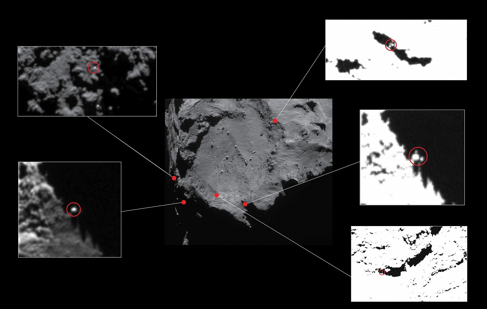 Las cinco localizaciones en el cometa 67P en las que la ESA cree que puede estar la sonda Philae.