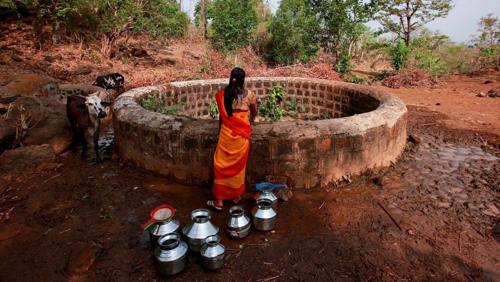 Una mujer recoge agua en el poblado indio de Maharashtra, India
