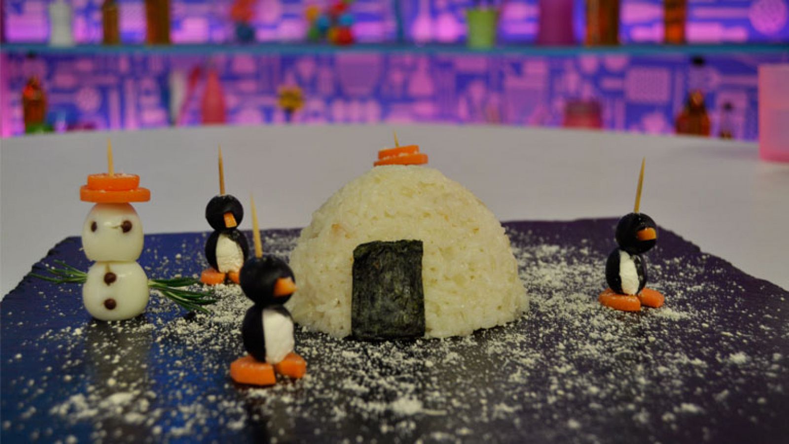 Receta - Pingüino de aceitunas con iglú de arroz