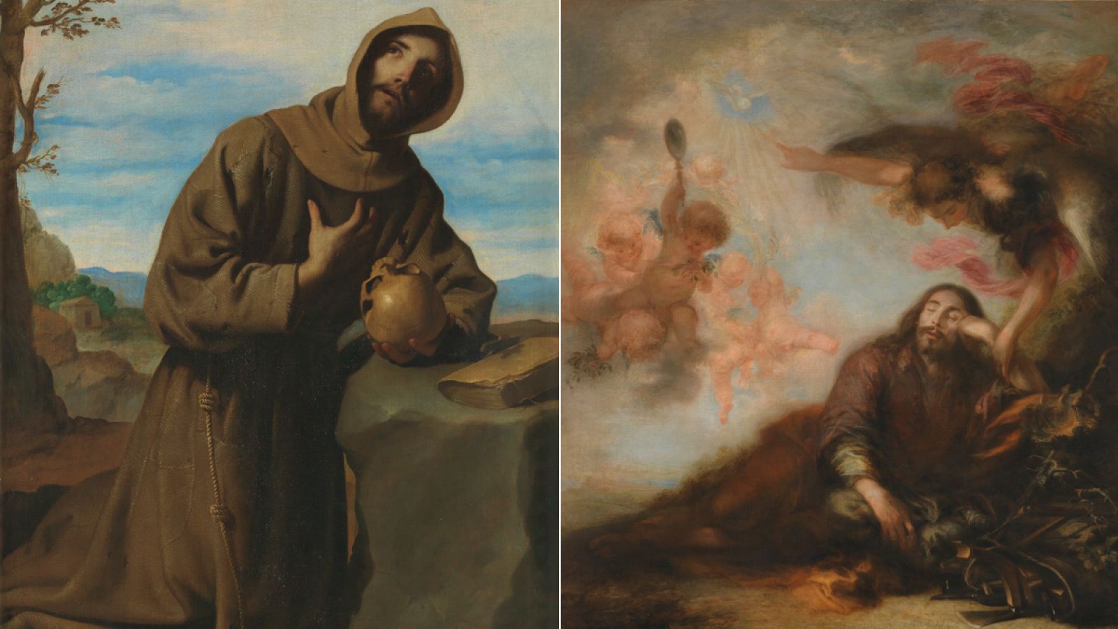 Detalles de 'San Francisco en oración', de Zurbarán, y 'El sueño de San José', de Herrera el Mozo, nuevas obras incorporadas a las colecciones del Museo del Prado.