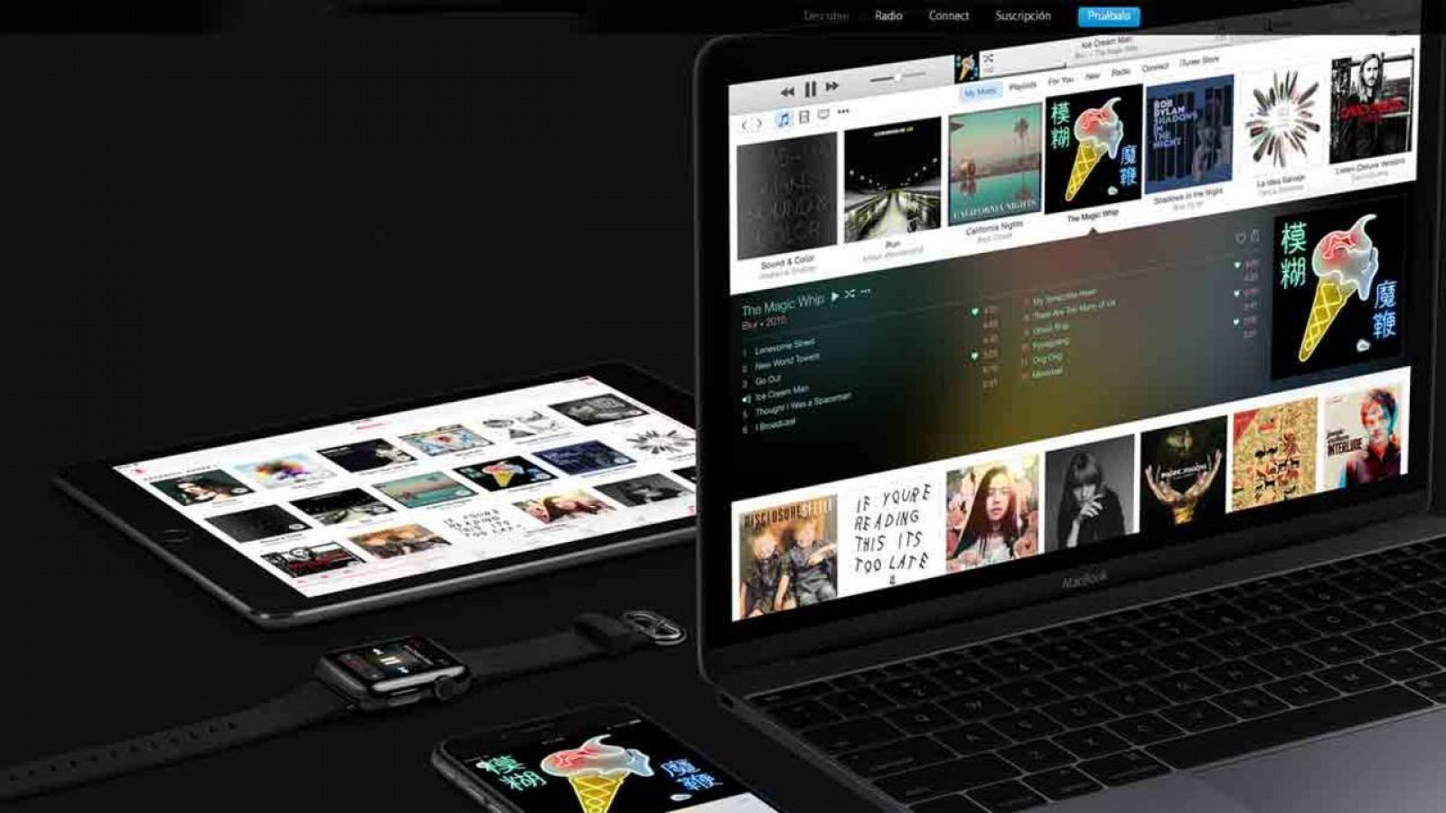 Varios dispositivos con la aplicación Apple Music.