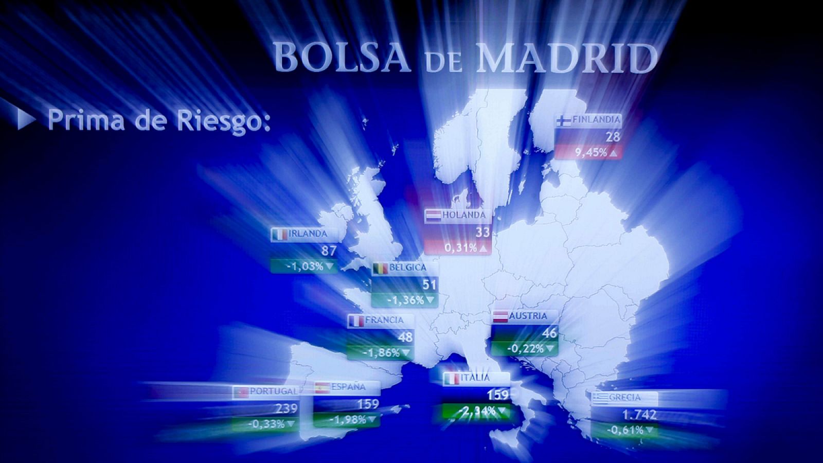 Panel indicativo con las primas de riesgo en la Bolsa de Madrid