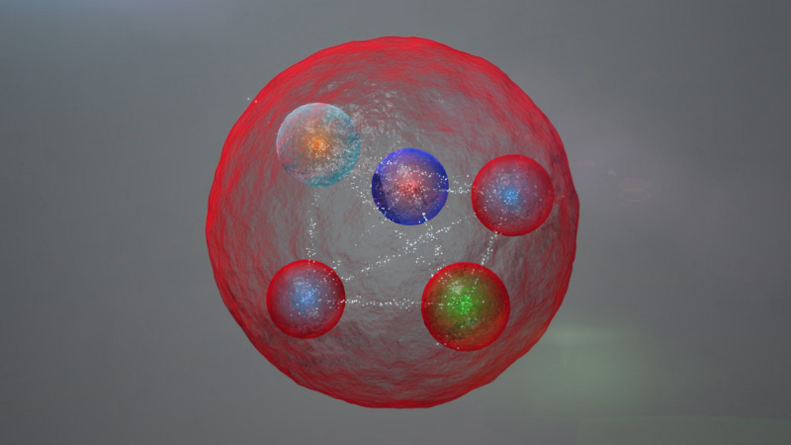 Una de las posibles disposiciones de los cinco quarks
