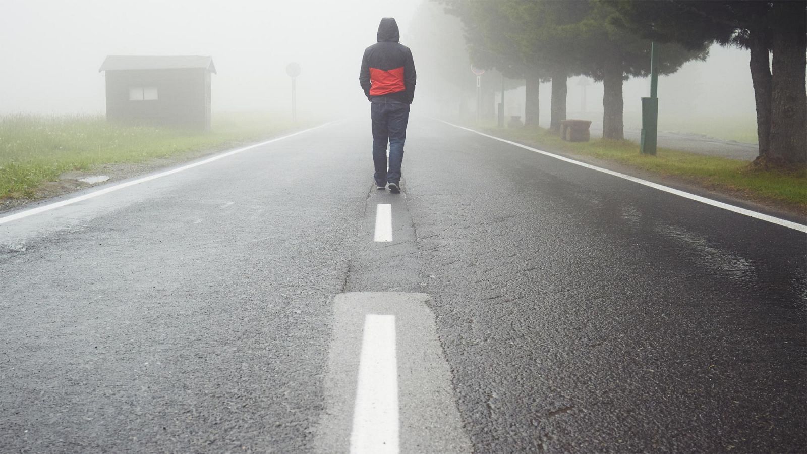 Un hombre camina solitario y de espaldas por una carretera hacia el horizonte, enmedio de la niebla.