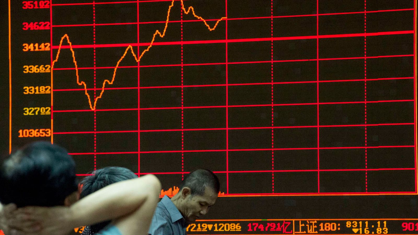 Inversores observan la cotización de las empresas en las Bolsas chinas