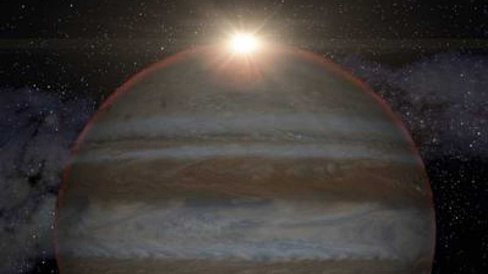 Ilustración de Júpiter visto desde Ganímedes en el momento del eclipse