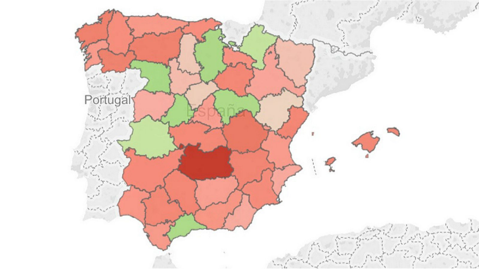 Mapa de las provincias españolas según ha descendido o aumentado la recaudación por multas de la DGT.