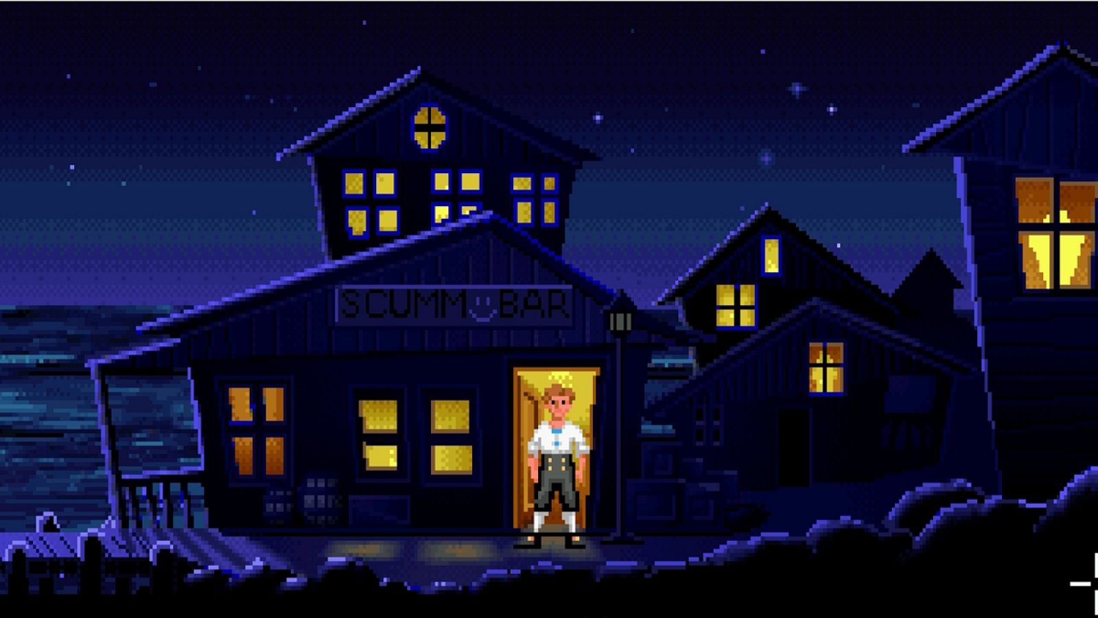 Imagen del videojuego en la que Guybrush Threpwood sale del bar Scumm
